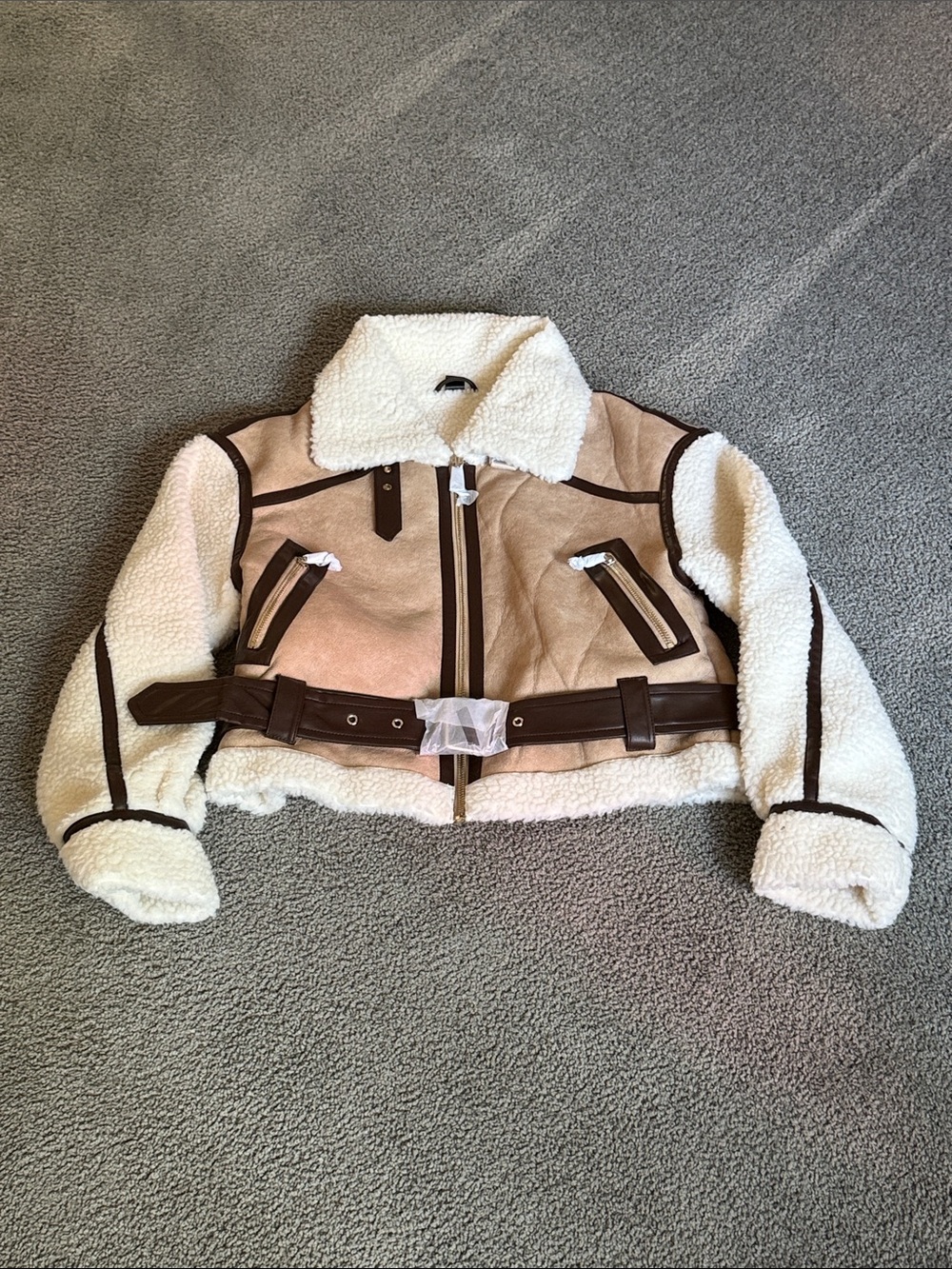 Faux Sherpa-Lined & Suede Aviator Jacket. Cream w/Dark Trim. New in Box. Size S